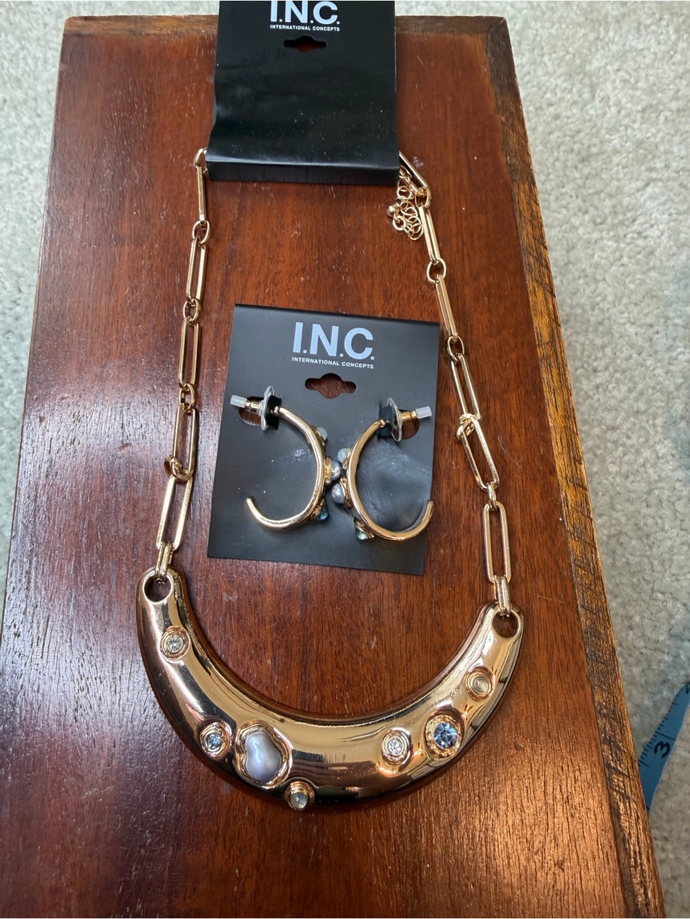 INC International Concepts Gold Crescent Necklace with Hoop Earrings